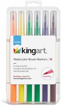 KINGART 'Watercolor-Effect' Brush Markers, 12 Colors - Brightly Colored Markers, Journaling, Lettering, Kids and Adult Coloring Books, and More, Convenient Carrying Case