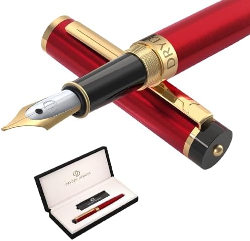 Dryden Designs Fountain Pen. Medium Nib Premium Box | 6 Ink Cartridges Included (Royal Red)
