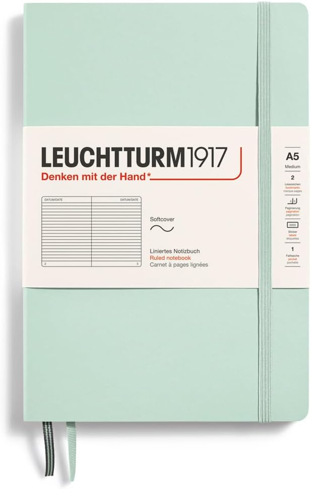 LEUCHTTURM1917 - Notebook Softcover Medium A5-123 Numbered Pages for Writing and Journaling (Mint Green, Ruled)