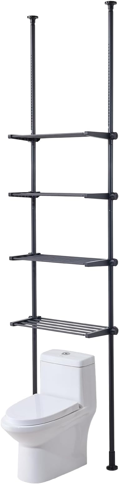 VEVOR Over Toilet Shelf, 4-Tier Adjustable AboveToilet Bathroom Storage, Low-Carbon Steel 53"-132" Tall Storage Shelf Rack, Easy Assembly Laundry Space Saver, for Small Rooms, Fit Most Toilets