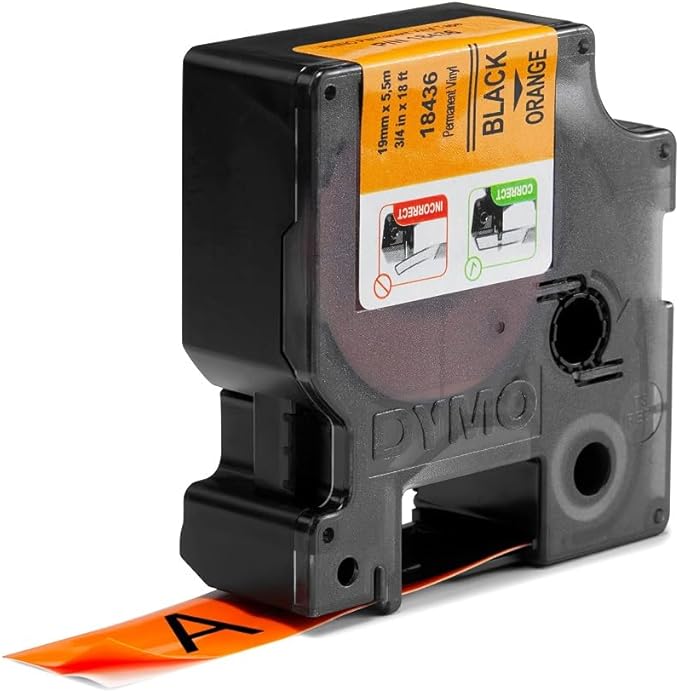 DYMO Rhino Industrial Vinyl Labels 3/4" Black Print on Orange Tape