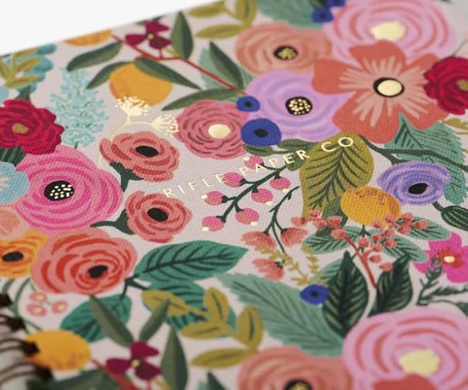 RIFLE PAPER CO. Garden Party Spiral Notebook, Full Color Softcover with Gold Foil Accents, 150 Ruled Perforated Pages, 6.25" W x 8.5" L, Pocket Folders for Storage