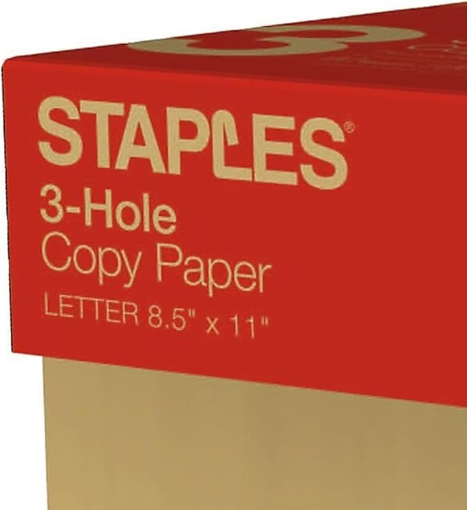 Staples Copy Paper, 8 1/2" x 11", 3 Hole Punched, Case, For Office, School & Home