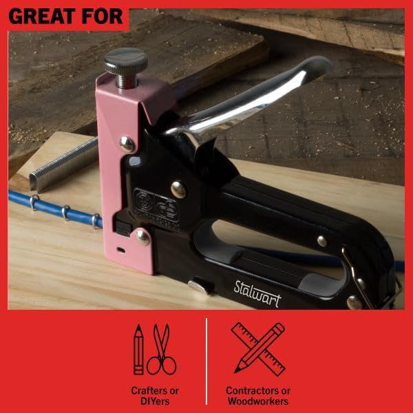 Light Duty Staple Gun - Fabric Stapler Gun for Crafts, Cardboard, Bulletin Boards or Classroom with 600 Standard 4-14mm Staples - Pink Stapler with Staples and Plastic Carrying Case by Stalwart