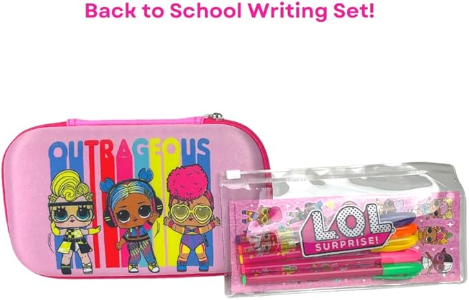 LOL Surprise Doll Pencil Case Set with LOL Stickers and Gel Pens for Girls, Molded with Zip Closure, Pink