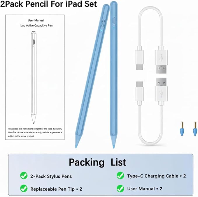 Stylus Pen for iPad 11th/10th 2025-2018,2Pack Stylus Pencil Palm Rejection,Tilt Sensitivity Apple Pen for iPad A16/11/10/9/8/7/6th,Pro 12.9"/11"/13" M5/M4,Air 3/4/5/M3/M2,Mini A17/6th/5th-Blue