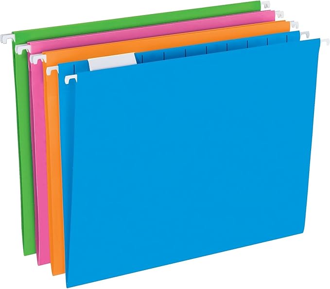 Pendaflex Neon Hanging File Folders, Letter Size, 1/5 Cut Tabs, Assorted Colors, 25-Pack - Green, Pink, Blue, Yellow, Orange (81672)