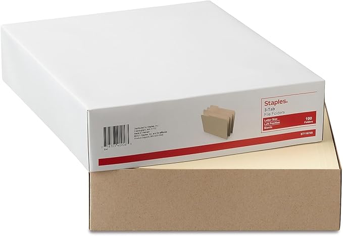 Staples 1/3‑Cut Left‑Tab File Folders, Letter Size, Manila, Durable Paper Stock, 100/Box