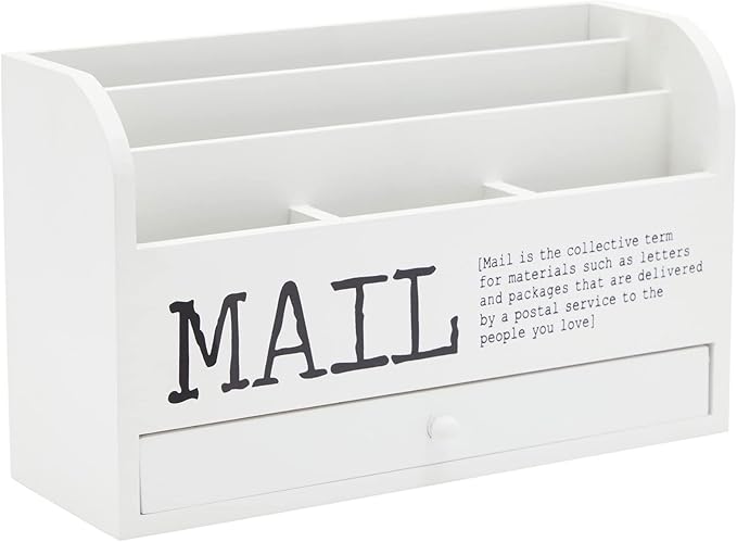 Juvale Wooden 3-Tier Countertop Mail Organizer - Desktop Organizer with Drawer for Paper & Supplies - Wall-Mount Mail Holder for Envelopes & Letters - White, 11 x 7 x 4 in