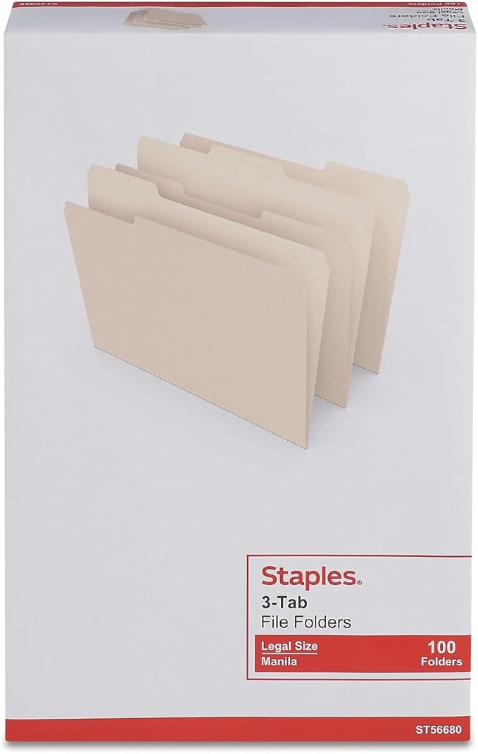 Staples Recycled File Folders, Legal Size, 1/3‑Cut Tabs, Manila, 30% Recycled Paper Stock, 100/Box
