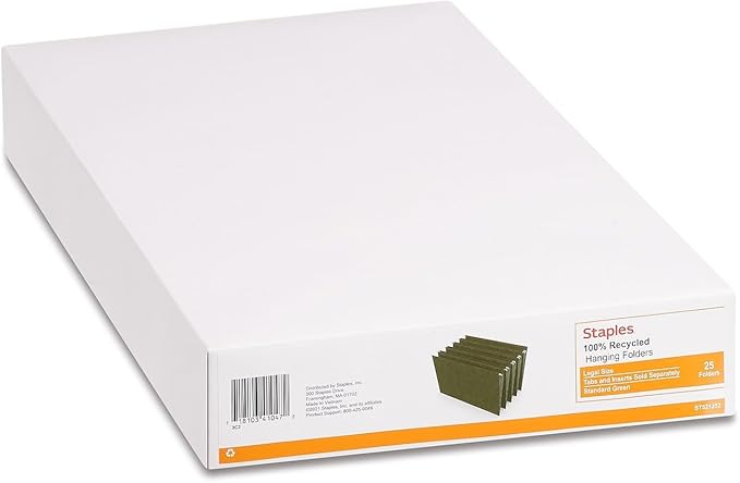 Staples Hanging File Folders, Legal Size, Straight‑Cut Tabs, Standard Green, Durable Filing Solution – 25/Box