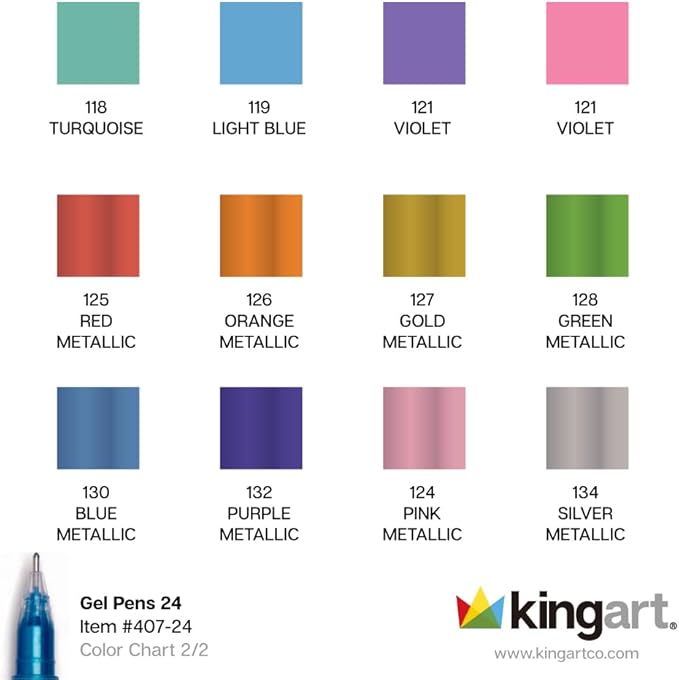 KINGART 24 Gel Pens Set: Glitter, Metallic & Pastel Colors for Adult Coloring Books, Journaling, Scrapbooking & DIY Crafts