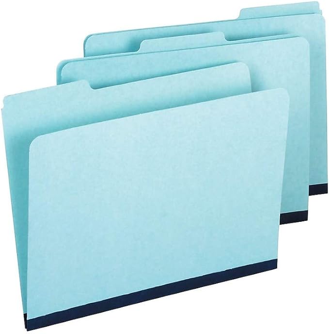 Staples Pressboard File Folders, Letter Size, 1/3 Cut Tabs, Heavy Duty Blue Pressboard Folders for Office Filing, Durable Document Organization, Recycled, 25 Pack