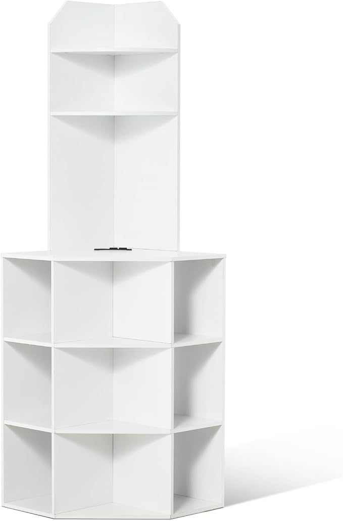 VEVOR 64" Tall Corner Storage Cabinet, 6 Tiers Wooden Storage Cabinet with USB Ports and Outlets & Adjustable Shelves, Freestanding Corner Cabinet for Living Room, Kitchen, Laundry Room, White