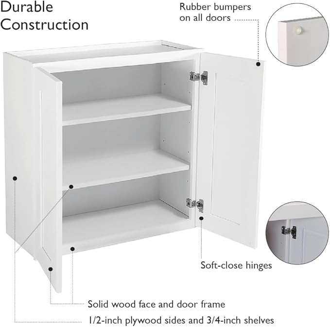 Design House Brookings Shaker Fully Assembled Wall Kitchen Cabinet W2436, 24 W x 12 D x 36 H, Painted White, Solid Wood, Design House, 569095