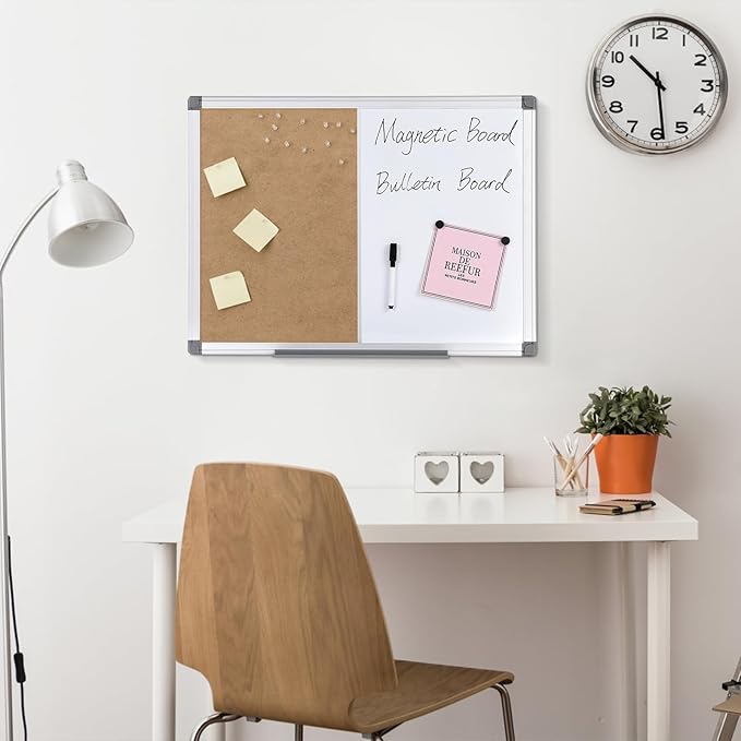 S SWANCROWN Dry Erase Board Cork Board Combo, 24"x18" Magnetic White Board and Bulletin Pin Board Combination,Hanging Wall Mounted Vision Board for Home, School, Office,Silver Frame