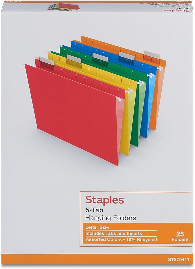 Staples Hanging File Folders, Letter Size, 1/5‑Cut Tabs, Assorted Colors, Adjustable Tabs with Paper Inserts – 25/Pack