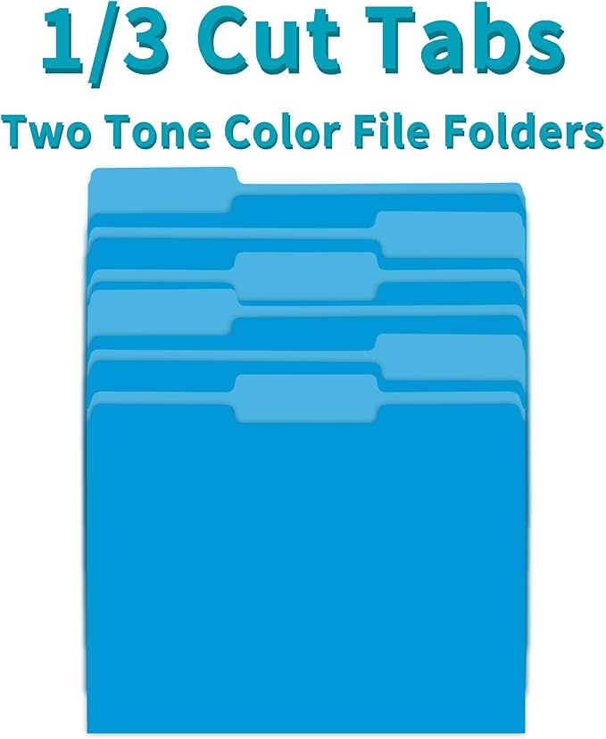 Colored File Folders,100 Packs Blue File Folders,Two Tone Color File Folder 8.5 x 11 Inch,1/3 Cut Tabs Letter Size,Manila File Folders for Office,School and Home,Organization