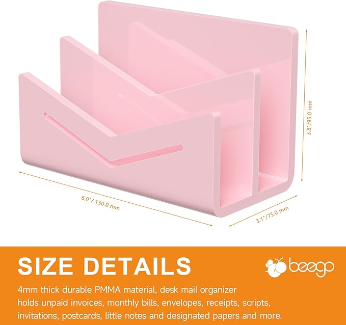 Beego Envelope and Mail Organizer Countertop - 2 Compartments Pink Acrylic Desk Organizer Letter Holder Desktop File Sorter Bill Document Folder Rack for Office, Home, School Desk Organization