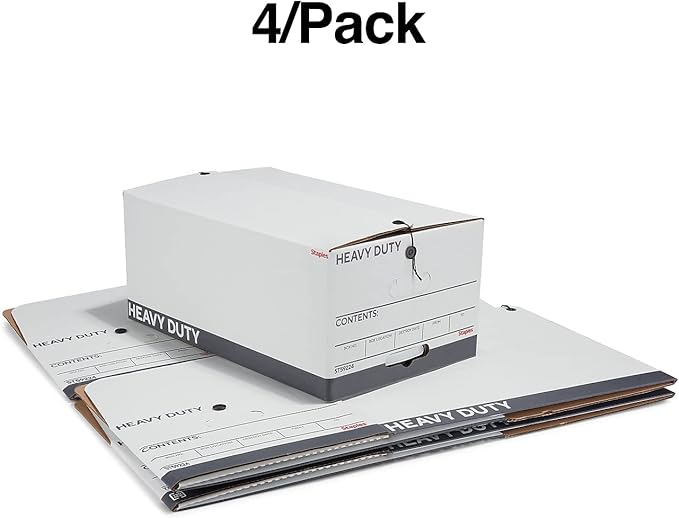 STAPLES Heavy Duty File Box, String and Button Lid, Legal, White/Gray, 4/Pack