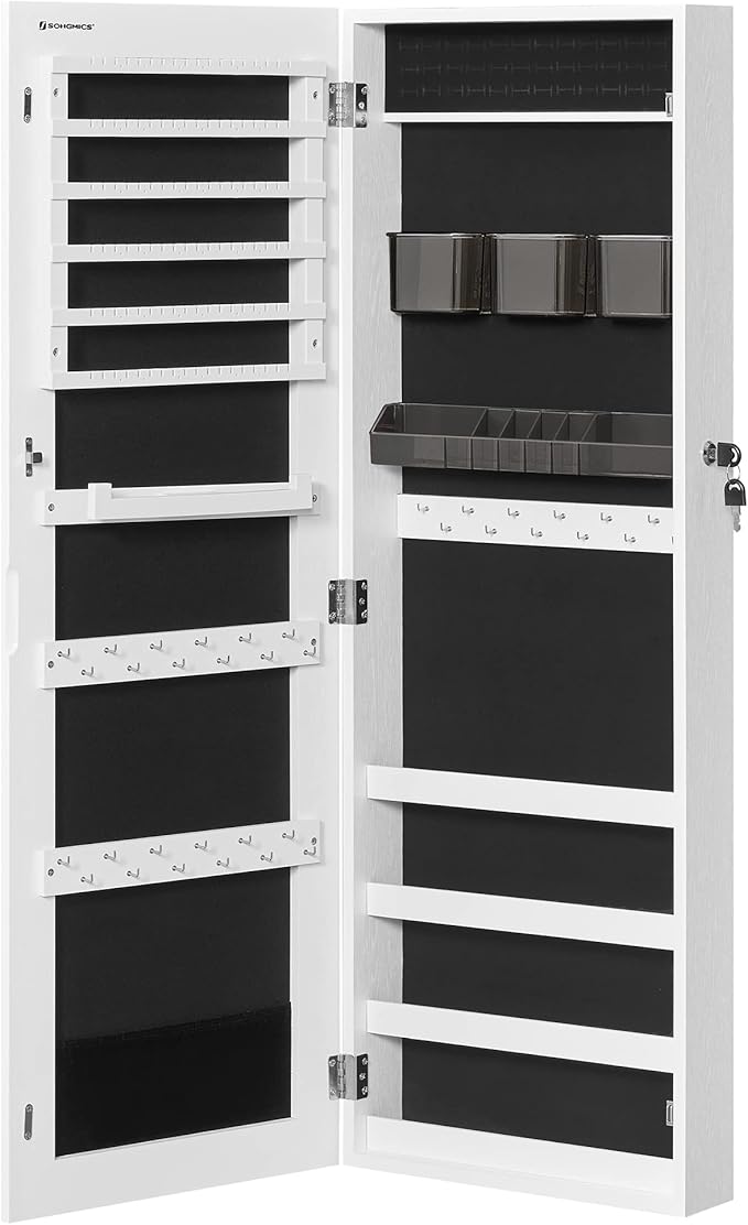 SONGMICS Jewelry Cabinet Armoire, Lockable Wall-Mounted Organizer Unit with 2 Plastic Cosmetic Storage Trays, Full-Length Frameless Mirror, White UJJC001W01