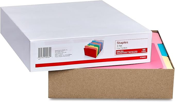 Staples File Folders, Letter Size, 1/3‑Cut Tabs, Assorted Colors, Durable 10.5‑Point Paper Stock, 100/Pack