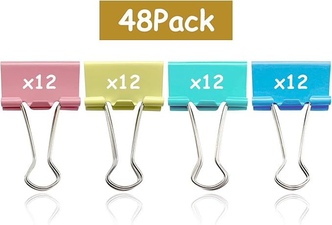 48 Pcs Medium Binder Clips, 1.25 inch(32mm), Colored Binder Clips, Paper Clamps Medium Size for Office Supplies, 4 Vibrant Colors