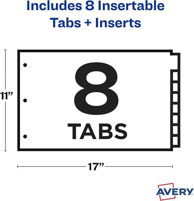 Avery Dividers for 3 Ring Binders, 8-Tab Plastic Binder Dividers, 11" x 17", Insertable Big Tabs, Multicolor (24 Sets of 11179)