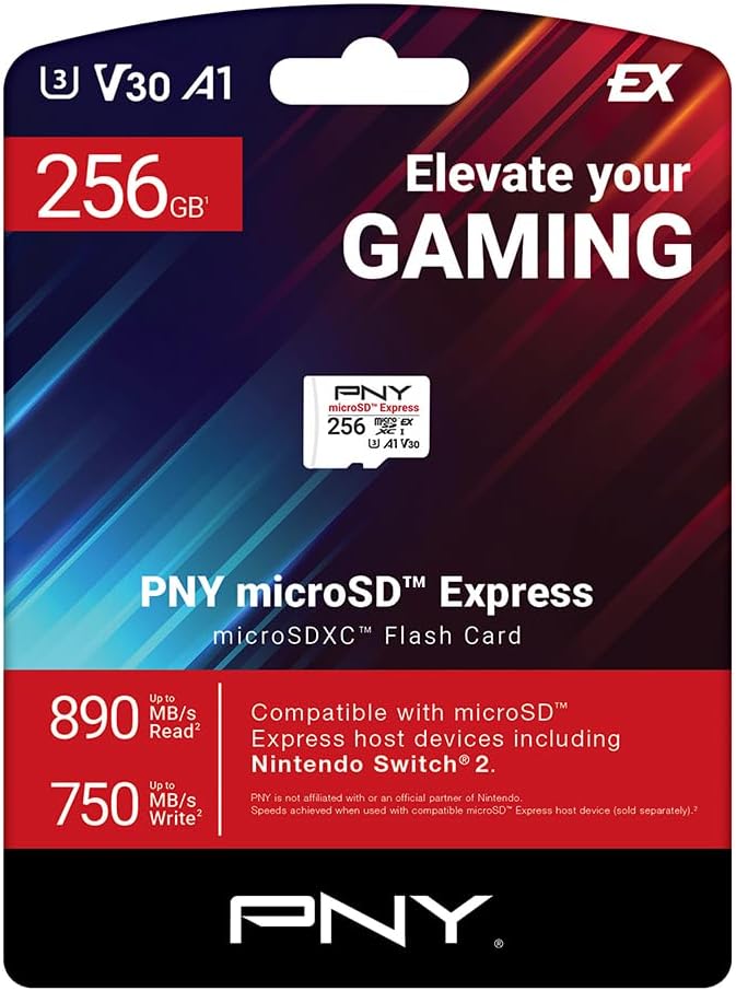 PNY microSD Express 256GB UHS-I U3 V30 A1 microSDXC Flash Memory Card, up to 890 Read & up to 750 Write, Ideal for microSD Express Compatible Devices Like Nintendo Switch 2