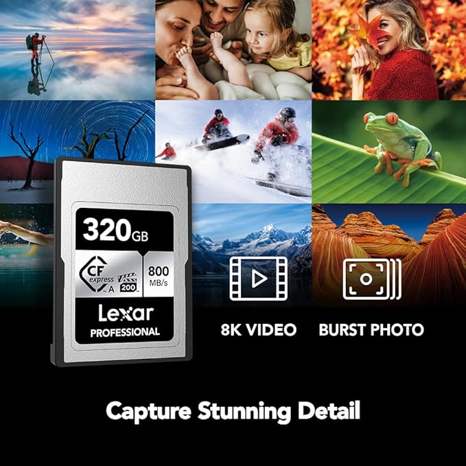 Lexar 320GB Professional CFexpress Type A SILVER Series Memory Card, Compatible with Sony Cameras w/ Type A Card Slot, Up to 800/700 MB/s Read/Write, 8K Video, VPG 200 (LCAEXSL320G-RNENG)