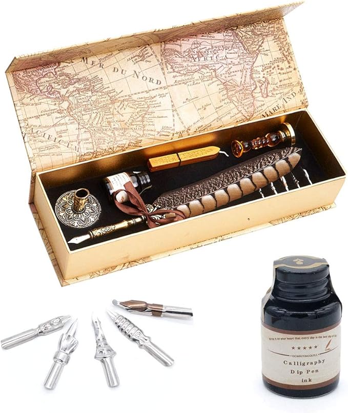 GC QUILL Antique Quill Pen Unique Half-Patterned Feather Pen Set with 6 Nibs 1 Bottle of Ink 1 Seal Stamp 1 Pen Holder 1 Sealing Wax LL-149