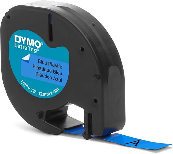 DYMO Authentic LT Plastic Labels | 12mm x 4m Roll | Black Print on Blue Labels | for LetraTag Label Makers