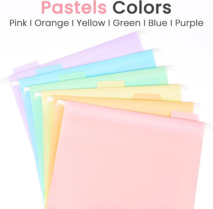 Sooez Extra Capacity Plastic Hanging File Folders, 12 Count Expanding File Folders Letter Size with 2" Expansion, File Organizer with 1/6-Cut Adjustable Tab for File Cabinet, Drawer, Pastels Colors