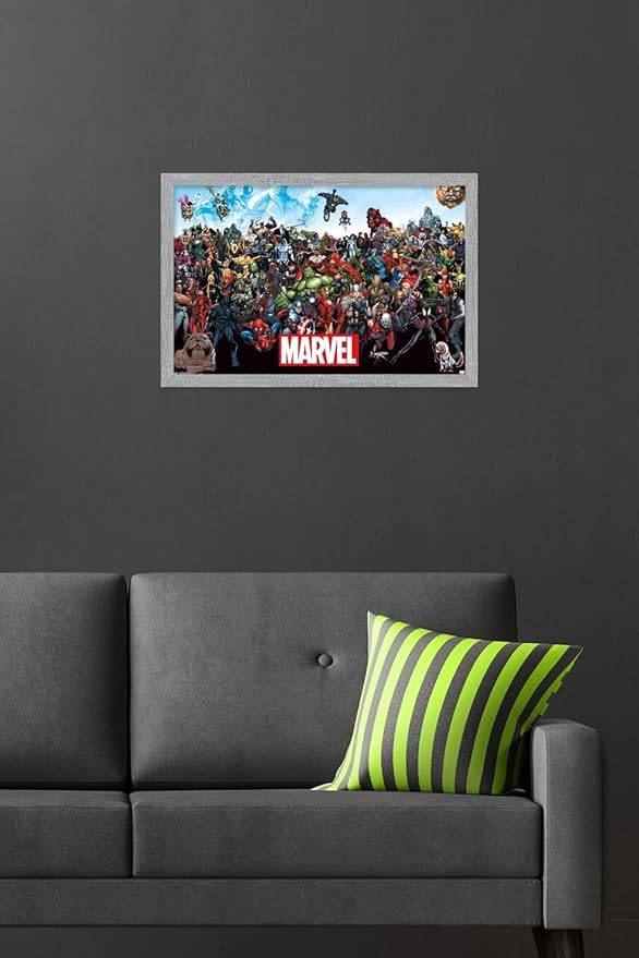 Marvel Comics The Marvel Lineup Wall Poster, 22.4L" x 14.7W", Gray Framed Version