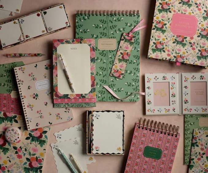 RIFLE PAPER CO. Ditsy Dahlia Spiral Notebook, Full-Color Illustrated Softcover with Gold Foil Accents, 150 Ruled Perforated Pages, 6.25" W x 8.5" L, Pocket Folders for Storage