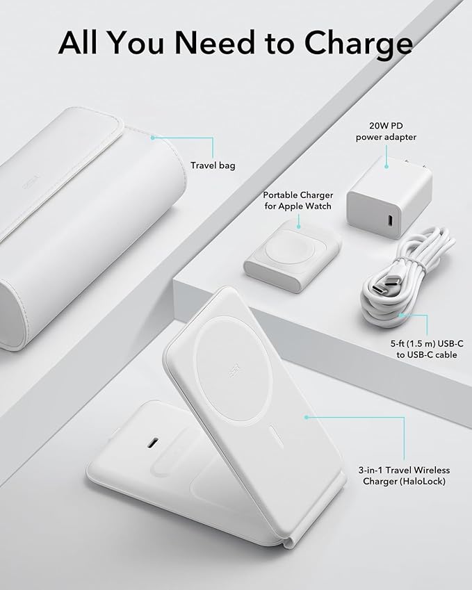 ESR for 3 in 1 Magsafe Charger, Travel Charger Stand Made for Apple Watch Certified, Foldable Charging Station Compatible with Magsafe and iPhone 17/16/15/14/13/12, AirPods 4/3/Pro, White