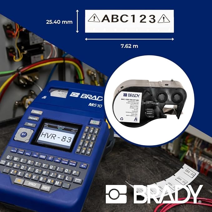 Brady Authentic (M4C-1000-595-WT-BK) All-Weather Vinyl Labels 1 in W x 25ft Black on White. for use with BMP41, BMP51, M410, M510, and M511 Label Printers.