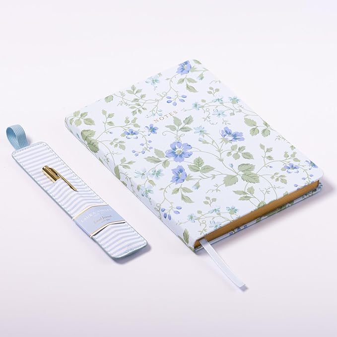 Laura Ashley Premium Fabric Hardcover Writing Journal with Pen | 256 Lined Pages | Elegant Floral Design | Perfect for Diaries, Notes, and Gift Giving (Blue - A5-6-x-8 Inches)