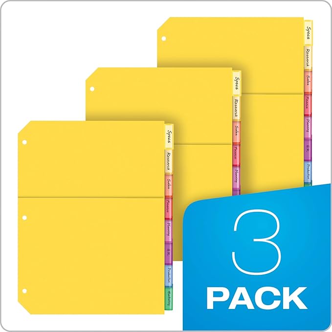 Oxford Plastic 2 Pocket Binder Dividers, 8 Tab 1/8 Cut, Multicolor Large Tab Set, Insertable Dividers with Paper Inserts, Letter Size, 3 Sets (89603)