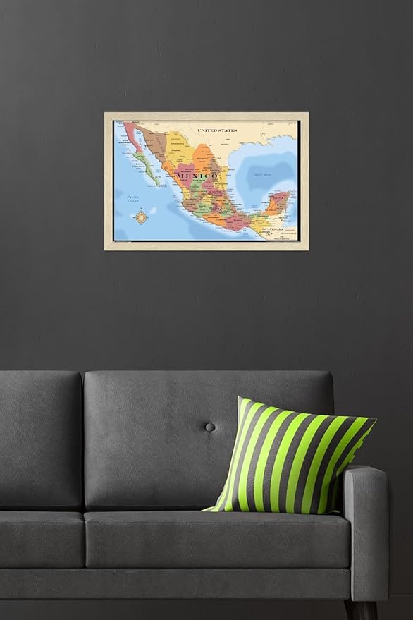 Map - Mexico Wall Poster, 22.4L" x 14.7W", Blonde Framed Version
