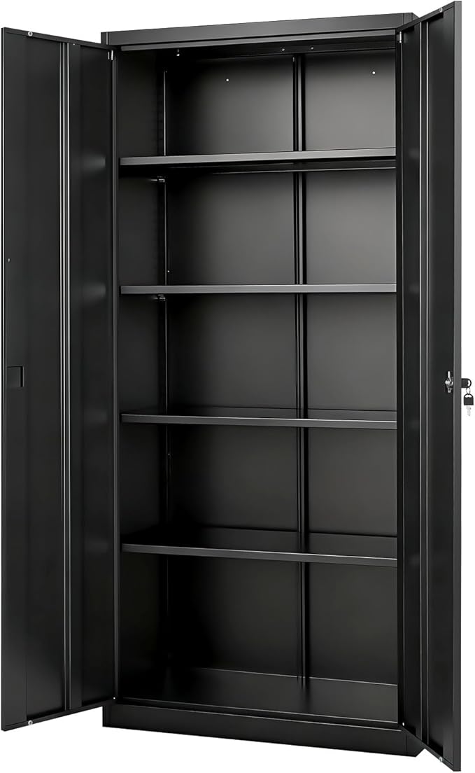 VEVOR Metal Storage Cabinet, Steel Garage Cabinet with Lockable Magnetic Doors and Adjustable Shelves, 2 Keys, 5-Tiers Tall Tool Cabinet Locker for Home, Office, Pantry, Warehouse, Laundry, Black
