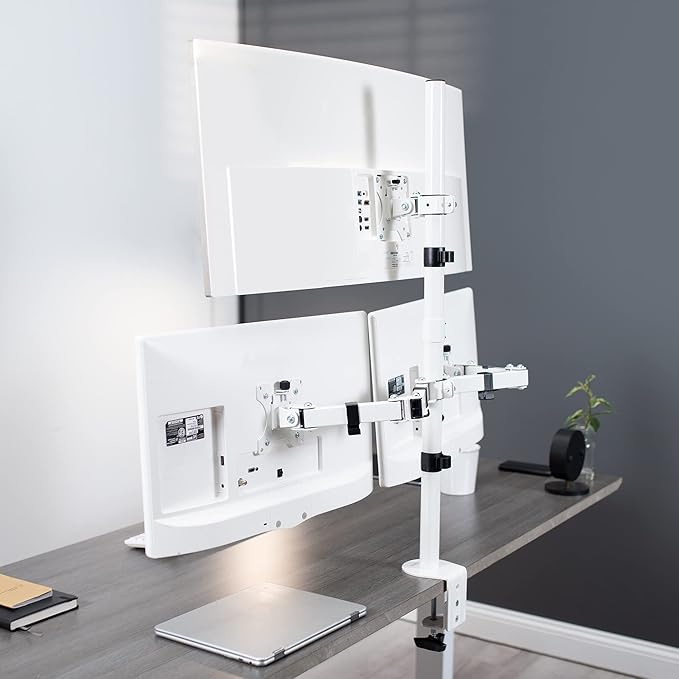 VIVO Triple LCD Monitor Desk Mount Stand Heavy Duty and Fully Adjustable, 3 Screens up to 30 inches, White STAND-V003TW