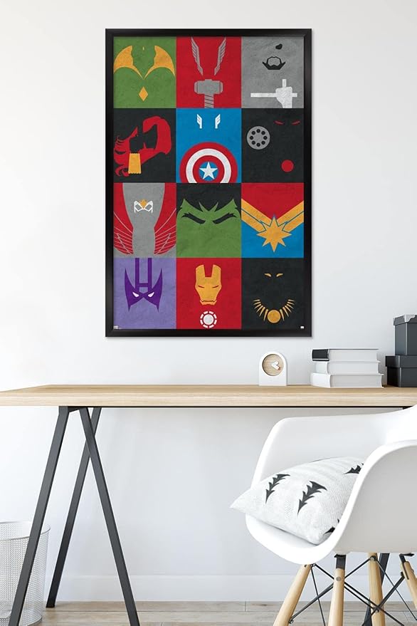 24X36 Marvel Comics Avengers - Minimalist Grid Wall Poster, 36L" x 24W", Black Framed Version