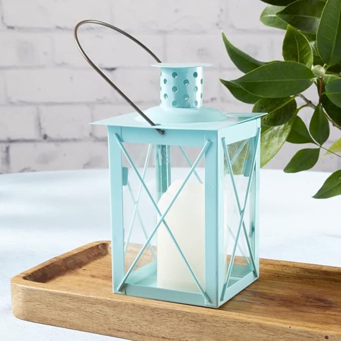 Kate Aspen Medium Decorative Lanterns - Set of 24 - Luminous Blue Metal Lantern Tealight Candle Holders Centerpieces for Wedding, Home Decor and Party - 6.3" H (8.9" H with Handle)