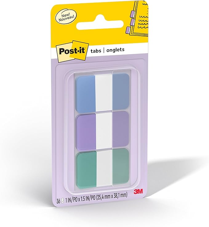 Post-it Sticky Tabs, 1 in. x 1.5 in., 3 Pads of Book Tabs in Assorted Cool Pastel Colors for Bookmarking, Annotating, Reading, and Reminders, Blue, Purple, and Green Colors (36 Total Count)