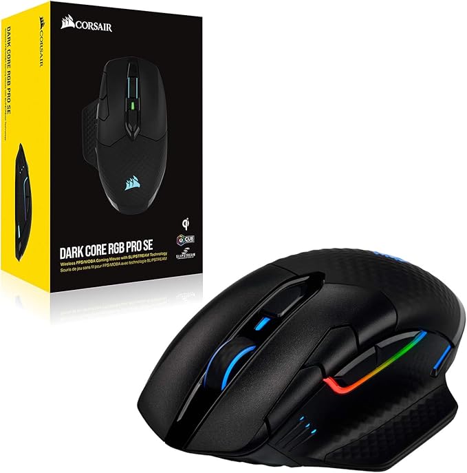 Corsair Dark Core RGB Pro SE, Wireless FPS/MOBA Gaming Mouse with Slipstream Technology, Black, Backlit RGB LED, 18000 DPI, Optical, Qi Wireless Charging Certified (Renewed)