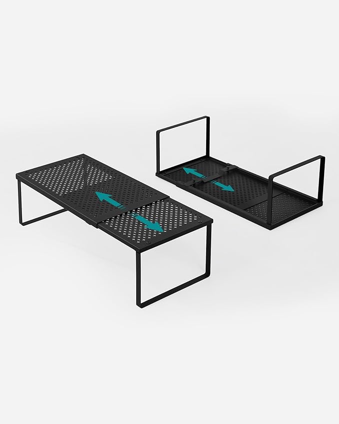 SONGMICS Set of 2 Expandable Pantry Kitchen Organizers, Adjustable Spice Rack, Stackable Cabinet Organizers, Metal, Space-Saving Tabletop Shelves, Matte Black UKCS402B01 (Pack of 2)