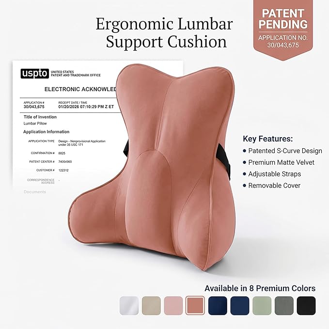 Lumbar Support Pillow(Pat. Pend) for Lower Back Pain Relief – Multi-Functional Ergonomic Lumbar Cushion, Reading Pillow for Office Chair, Car Seat & Sofa,Blush Pink