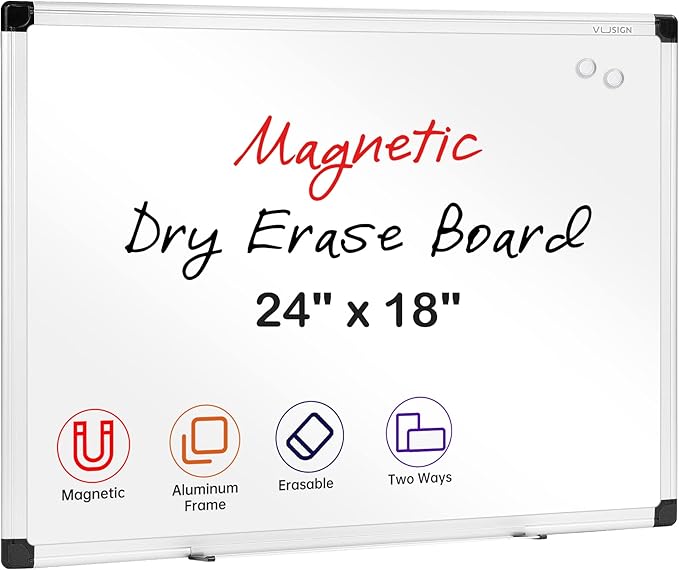 VUSIGN Magnetic White Board 24" x 18" with 1 Dry-Erase Eraser, 2 Multicolor Marker, 4 Magnetic Pins, Sliver Reinforced Aluminum Frame for Office, Home, School