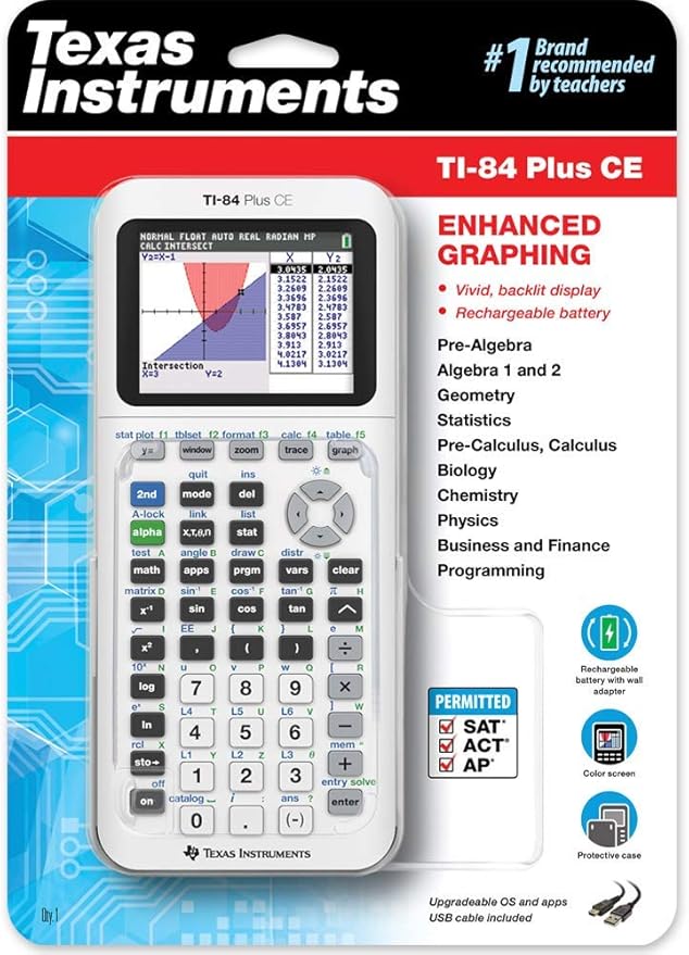 TI-84 Plus CE Color Graphing Calculator, White (Renewed)
